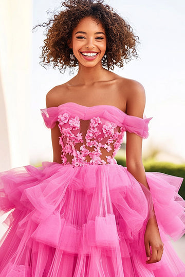 Fuchsia Ball Gown Tulle Off the Shoulder Ruffles Prom Dress